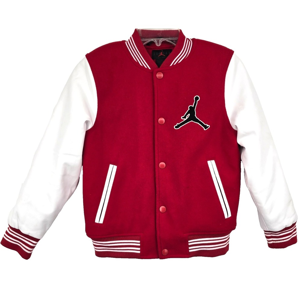 Air Jordan Flight Varsity Jacket Youth Medium Red White Lined Snap Button